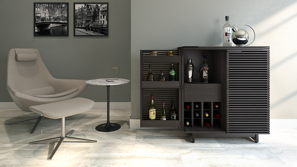 Corridor bar cabinet (5620) in Charcoal-Stained Ash with stemware rack and storage for bar essentials