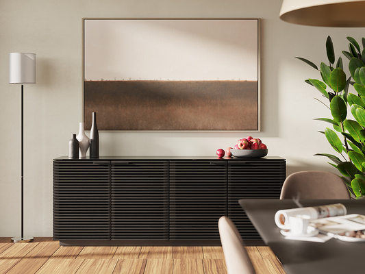 Corridor storage cabinet (8109) in Charcoal-Stained Ash with concealed drawers and soft-close doors