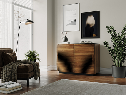 Corridor storage cabinet (8108) in Natural Walnut with elegant glass-top surface and slatted-wood doors