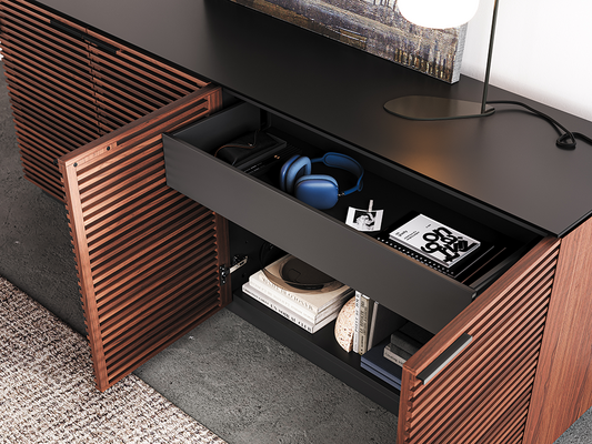Corridor storage cabinet (8109) in Chocolate-Stained Walnut with adjustable shelves and drawers