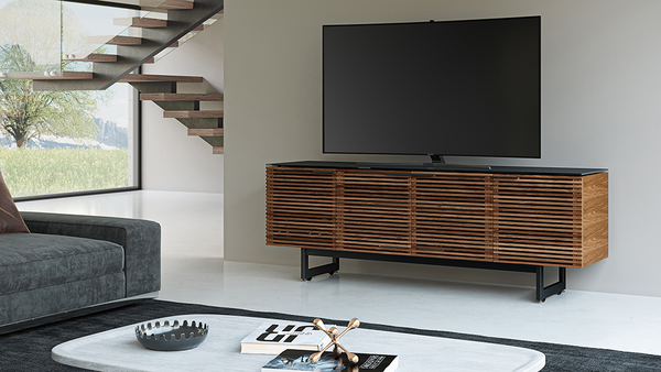 Corridor media cabinet (8179) in Walnut with louvered doors and tech-friendly storage