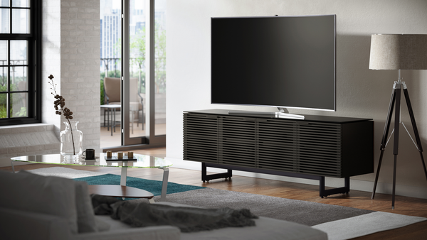 Corridor media cabinet (8179) in Charcoal-Stained Ash with louvered doors and tech-friendly storage