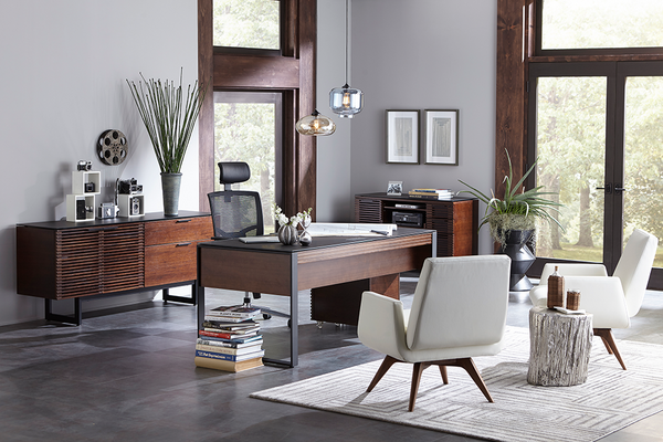 Corridor office collection featuring slatted-wood accents and smart storage in a range of finishes