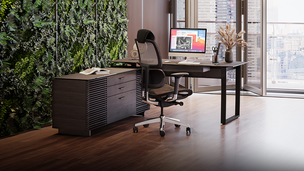 Corridor L-desk (6531) in Charcoal-Stained Ash with keyboard drawer, storage and wire management