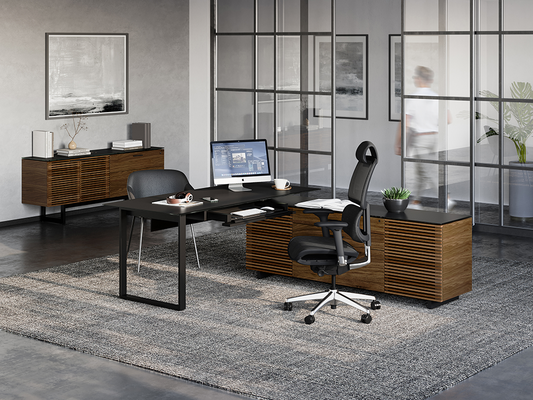 Corridor L-desk (6531) in Natural Walnut with integrated keyboard drawer, storage and wire management