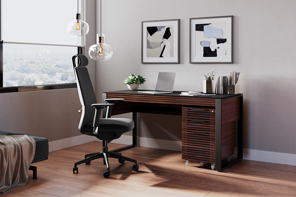 Corridor desk (6501) in Chocolate-Stained Walnut with mobile file pedestal for smaller office spaces