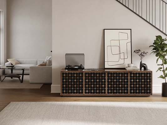 Constellation door design on Elements (8703) with rolling base in Natural Walnut