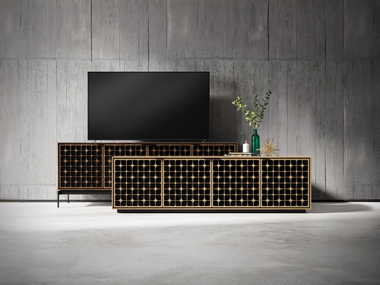 Constellation door design on Elements with console base in Walnut and rolling base in Washed Oak