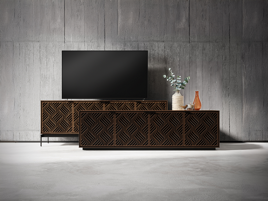 Weave door design on Elements with console base in Walnut and rolling base in Toasted Oak