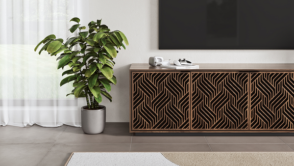 Weave door design on Elements (8703) with rolling base in Natural Walnut