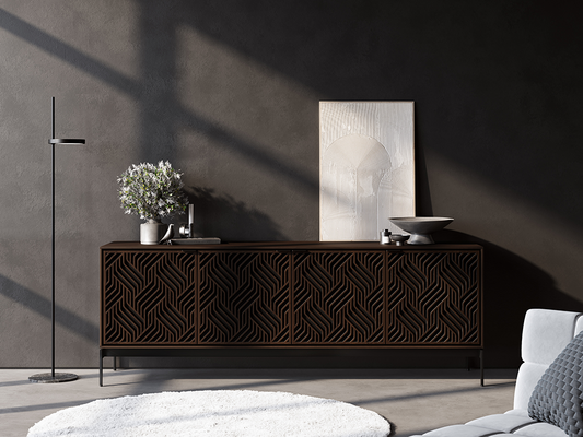 Weave door design on Elements (8709) with console base in Toasted Oak
