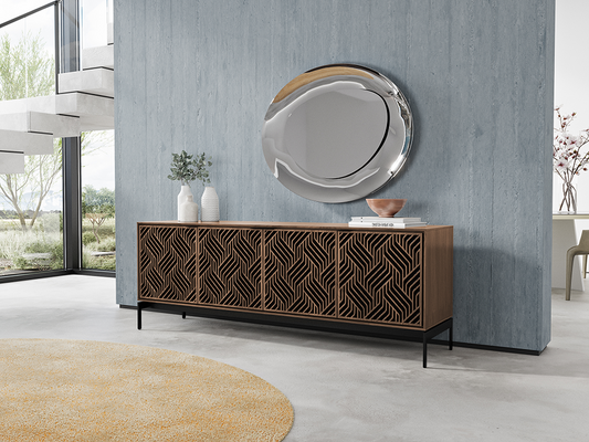 Weave door design on Elements (8709) with console base in Natural Walnut
