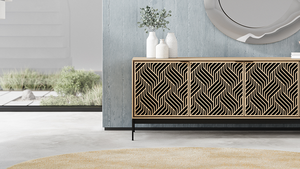 Weave door design on Elements (8709) with console base in Washed Oak