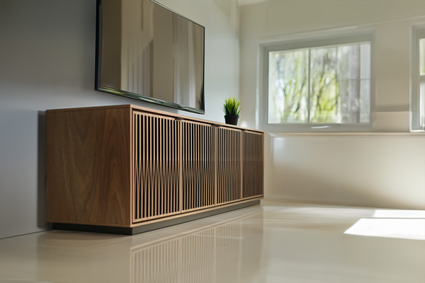 Tune door design on Elements (8703) with rolling base in Natural Walnut