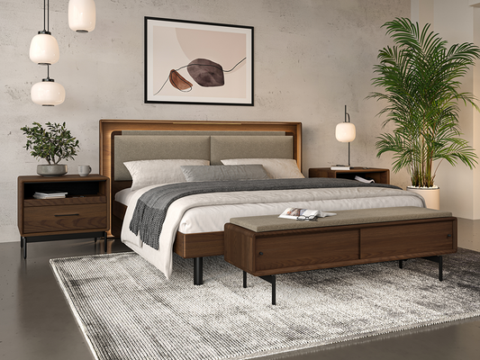 BDI Linq bedroom collection with fabric-upholstered bench and removable headboard for modern spaces.