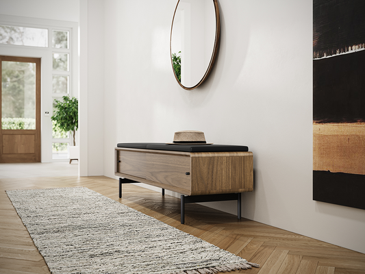 Linq bench (9102) in black leather with storage behind smooth-glide doors