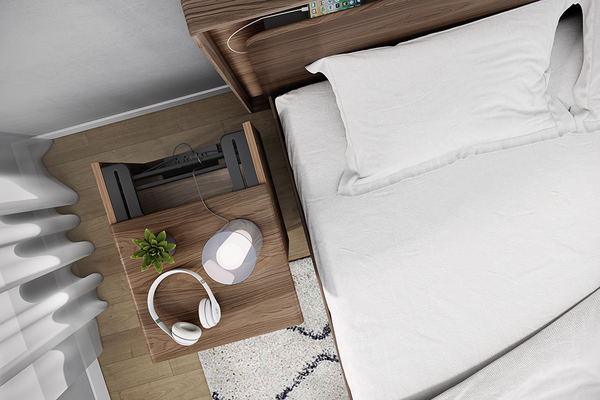 Linq 22-nightstand (9181) in Natural Walnut with sliding top panel, storage drawer and USB access