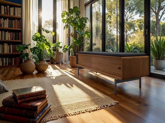 Linq bench (9102) in black leather with hidden storage behind smooth-glide doors