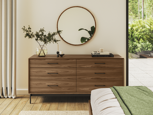 Linq 6-drawer dresser (9186) in Natural Walnut with matching round mirror (9190)