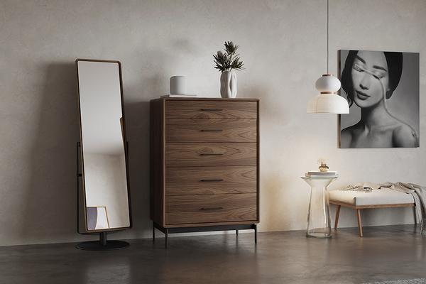 Linq 5-drawer chest (9185) in Natural Walnut with coordinating swivel-based, tilt Continuum mirror