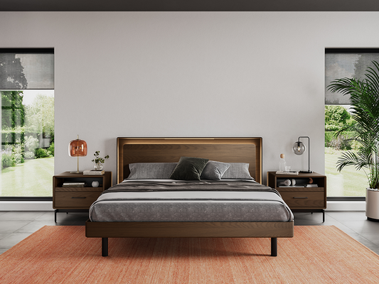 Linq bedroom collection in Mocha Oak with integrated touch lighting in the bed’s headboard