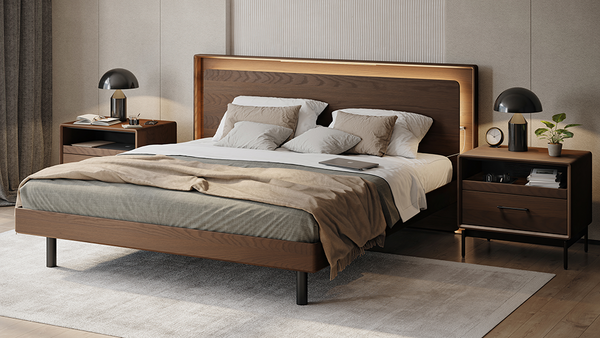 Linq king bed (9119) with lighting feature and outlets in headboard, and 28-inch nightstands (9182)