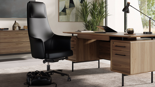 Linq executive desk (6821) in Natural Walnut with power hub, file storage and keyboard drawer.