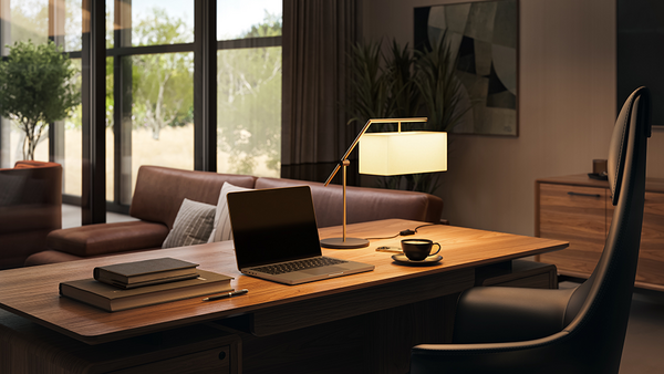 Linq desk (6821) featuring a floating beveled desktop surface for a mid-century modern aesthetic