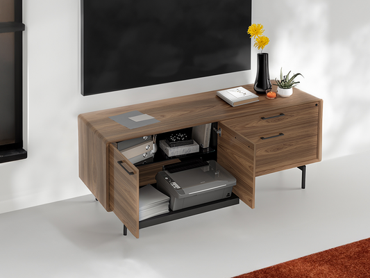 Linq storage credenza with adjustable shelving and full-width, push-to-open printer tray