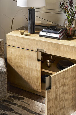 The Splendor small buffet, shown in Latte, features bleached figured maple and Soft Bronze accents
