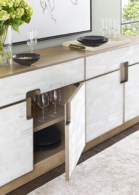 The Splendor selenite entertainment center boasts style plus storage