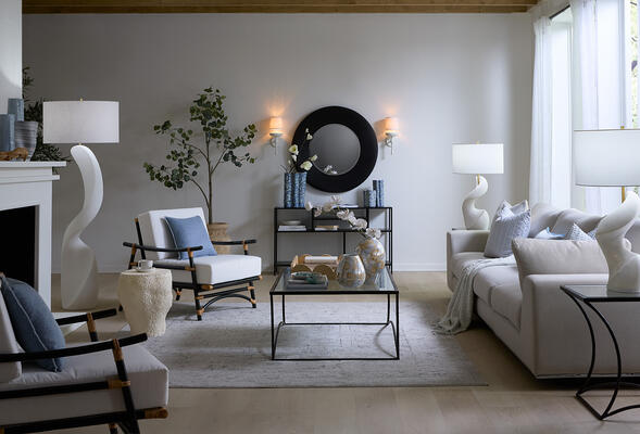 Cobra table lamp, Paddock mirror, Element shelved console, Kai coffee and side tables, Concord wall sconce