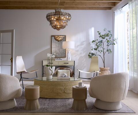 Sweetwood table lamp, Fractured mirror, Nevado console, Abilene lounge, Huntington Garden stool, Torn wide vessel