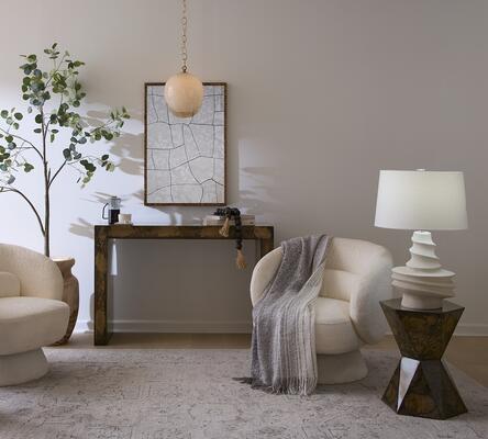 Dune table lamp, Fractured mirror, Charlemagne console, Crown small side table, Camber pendant