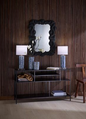 Flurry table lamp, Baroque mirror, Element shelved console, Cloud medium and small vases (set of two) 