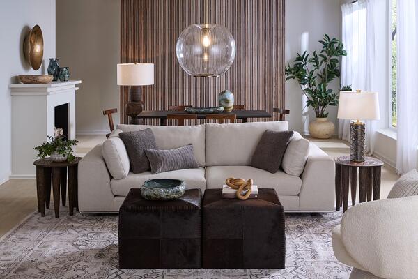 Helium pendant, Totem floor lamp, Arc dining table, Parlor chair, large ottoman, Unearthed bowls, Granada vessel