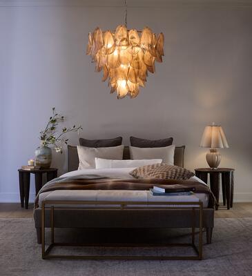 Magnolia chandelier, Shelby bench, Naga side table, Agnes table lamp, Granada vessel