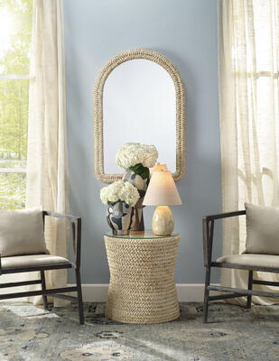 Grayson armchair, Grain mirror and side table, Pablo short and tall vases, Raindrop lamp