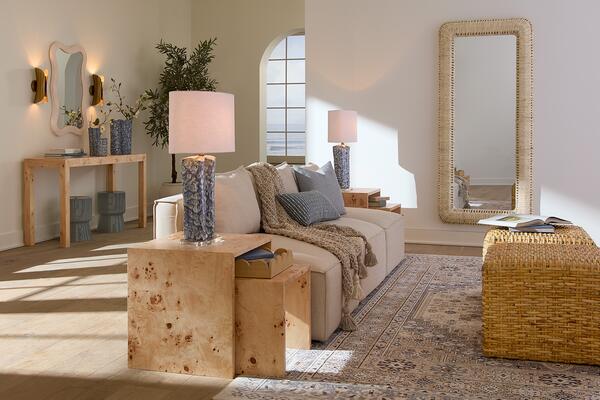 Capsule sconce, Dali mirror, Cloud vase set, Archer console, Bedford nesting tables, Flurry lamp, Wonderland tray