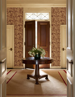 Dors grasscloth wallpaper and Deller hand-loomed wool rug
