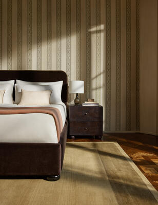 Paradiso grasscloth wallpaper and Deller hand-loomed wool rug