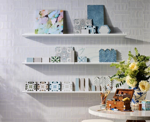 The Tile Shop x Laura Park features vibrant patterns, watercolor textures and soft marble looks