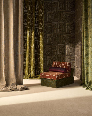 Dolmens velvets, Hollow fabric and Frescoes wallpaper