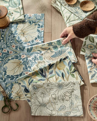 A variety of patterns, including Pimpernel, Strawberry Thief, Melsetter and Pure Honeysuckle & Tulip