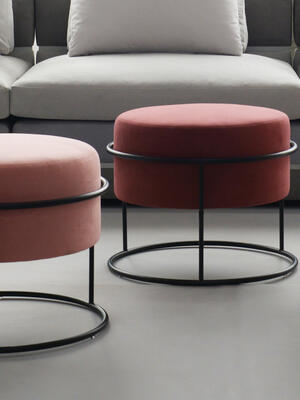 Nathan Anthony Pow! ottomans upholstered in Ultrasuede HP