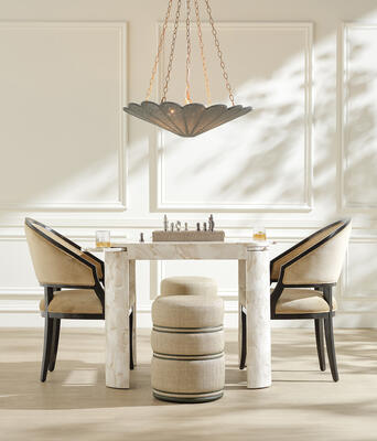 Brigitte game table, Quinn stool, Sofia chandelier, Sylvie dining chair