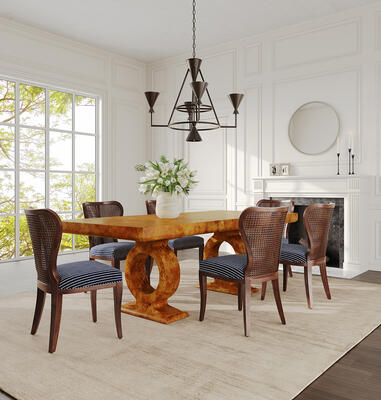 Clovis dining extension table, Bristol chandelier, Rochelle dining chair, Andra vase, Emma mirror