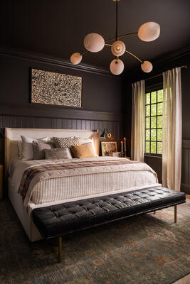 Artemis chandelier, Spyder sconce, Tufted gallery bench, Sable bed and Walker nightstand