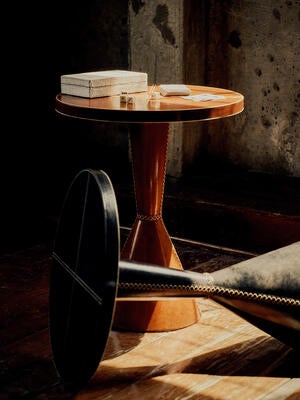 Gabe leather accent tables and Andrews hair-on-hide playing card set