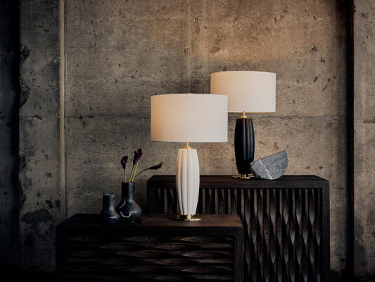 Crocus ceramic table lamps, Jasper marble vases, Sable Dune chests and Terra marble accessories 